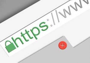 close-up showing the padlock in the address bar of a browser, with the https letters before the www. Secure web hosting.