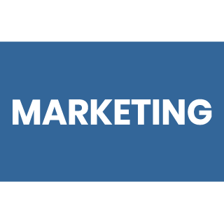 Marketing written on a blue rectagular background in white bold text