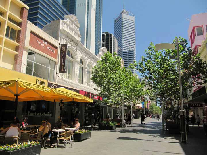 A view down Hay Street, Perth, WA. Showing the shops, and trees & flower beds in the pedestrian area and also the al fresco dining areas.